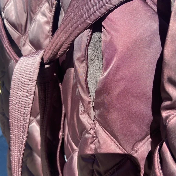 Belted Quilted Long Puffer Coat Fur Hood Plum Burgundy Size Small - Picture 8 of 11